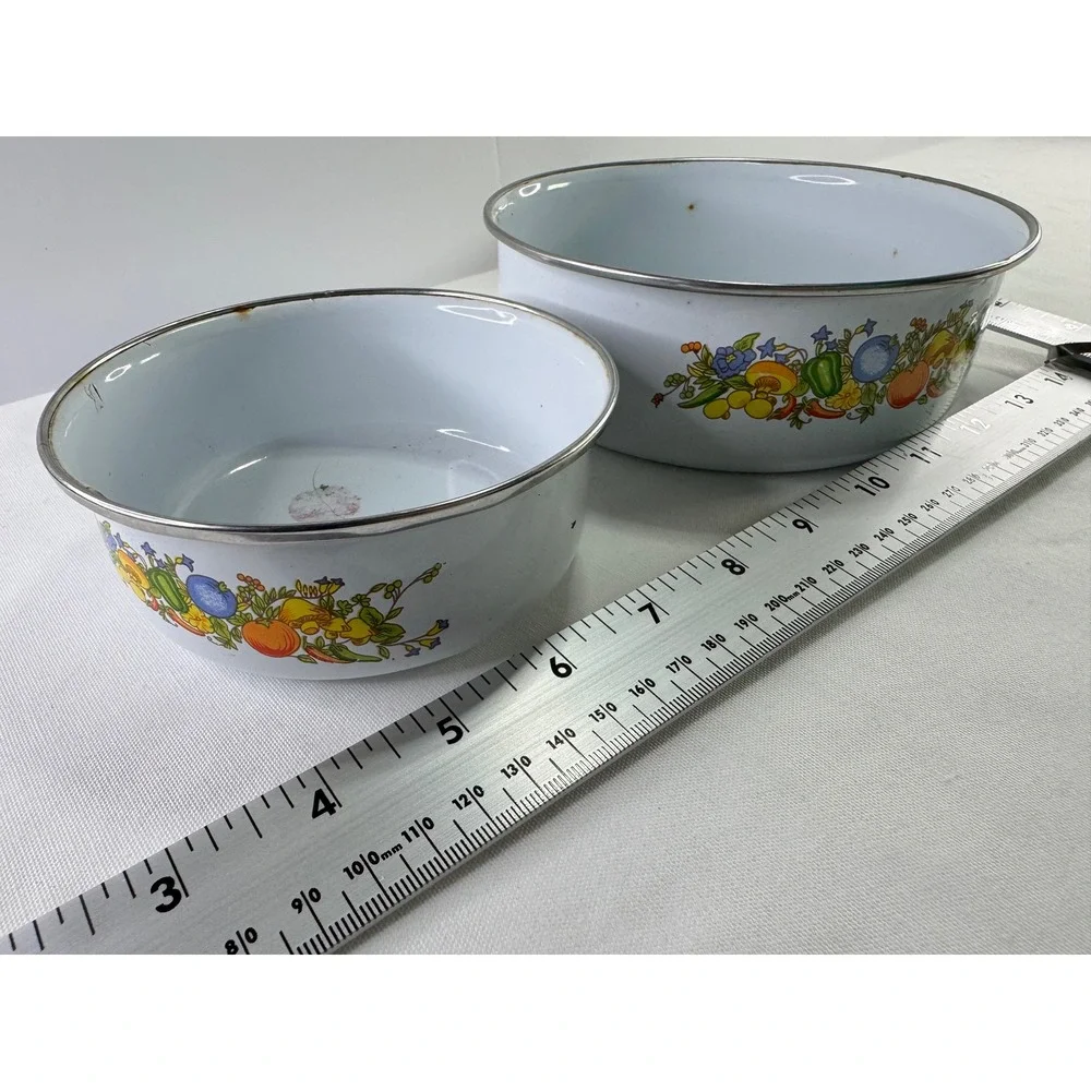 Vintage Enamelware Nesting Bowls Set White Fruit‎ Vegetable Mushroom Floral 2pc